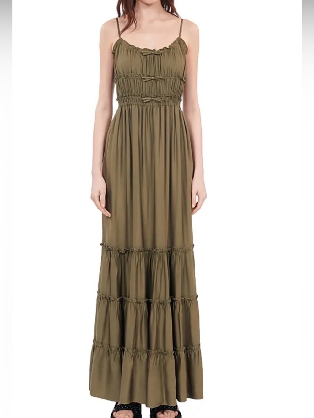 The Kooples khaki Smocked Maxi Dress with Ruffle Hem